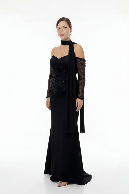 فستان سهرة أسود بدون حمالات مزين بالترتر، مقاس كبير